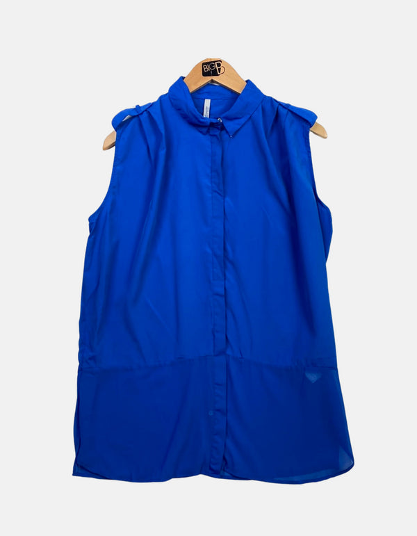 Bold Blue Sleeveless Button-Up Blouse